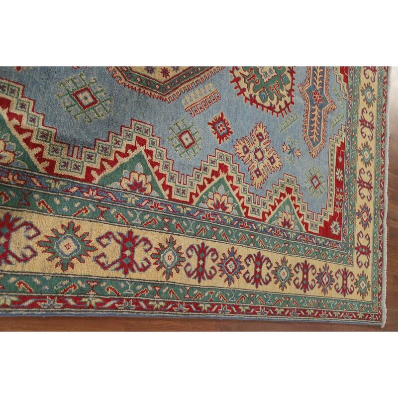 Hand Knotted Oriental 100% Wool Carpet Traditional Geometric Navy Blue & Blues Kazak Area Rug - 9' 9'' X 6' 6''