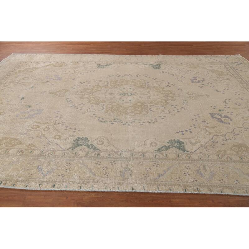 Beige Tabriz Persian Vintage Area Rug Handmade Wool Carpet - 9'1"x 13'2"
