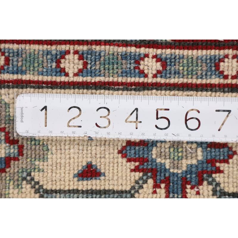 Red Geometric Kazak Foyer Rug Handmade Oriental Wool Carpet - 3'6" x 5'1"