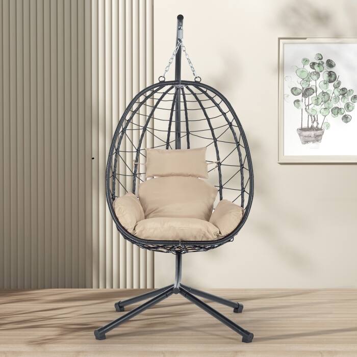 Patio Wicker Hanging Egg Chair with Stand, Swing Chair for Balcony - Beige 