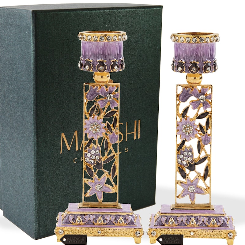 Matashi Shabbat Candlestick (2-Piece Set) Hand-Painted, Gold-Plated Pewter | Adorned w/ Pomegranates and Flowers (Purple)