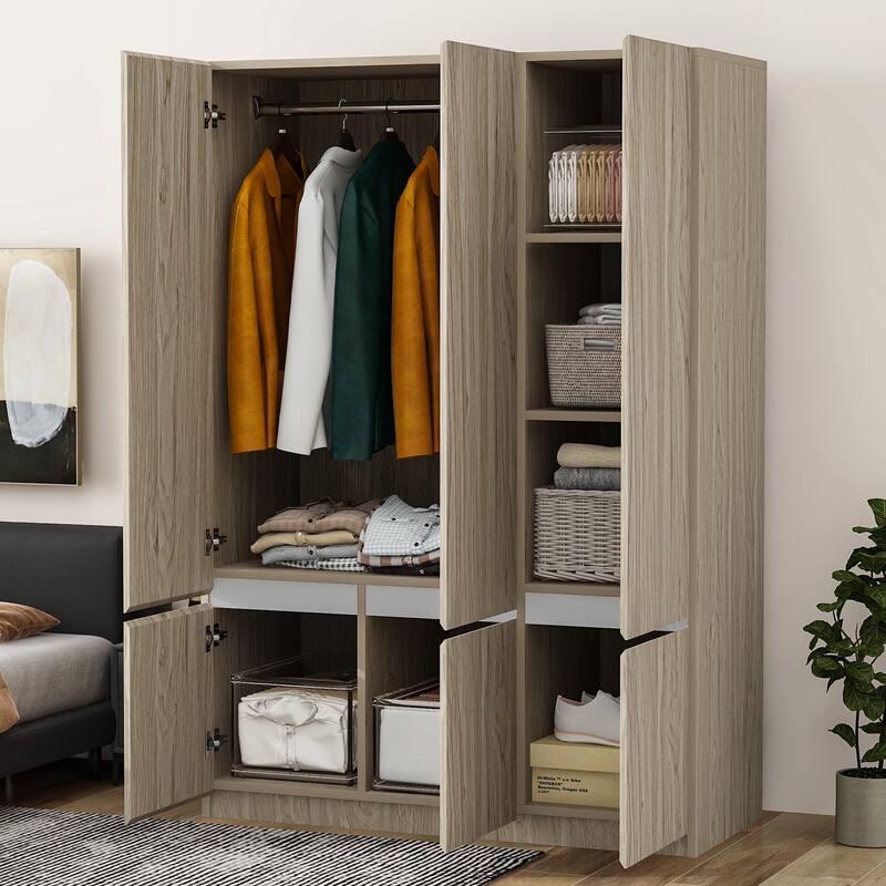 6-Doors Wooden Wardrobe Storage Armoire with Built-in Hanging Rail Clothes Storage Cabinet for Bedroom