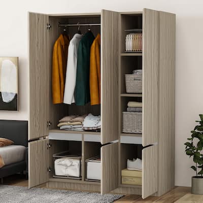 Natural Wood Wardrobe Armoire Storage Cabinet with Hanging Rod & Shelves