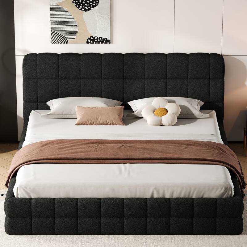 Upholstered Platform Bed with Headboard, No Box Spring Needed Low Profile Bed, Wood Slat Support Grounding Bed