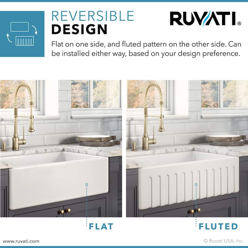 Ruvati 30 x 20 inch Fireclay Reversible Farmhouse Apron-Front Kitchen Sink Single Bowl - Biscuit - RVL2100BS