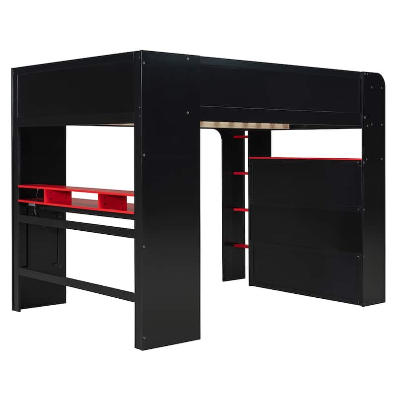 Full Size Esports Loft Bed, Built-In Gaming Station with Adjustable Desk, Wardrobe, Book Shelves, USB Port & RGB Strip Lighting