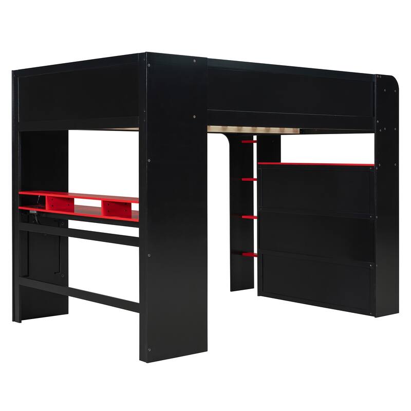 Roomfitters Full Size Loft Bed with Adjustable Desk, Wardrobe Storage, and RGB Lighting
