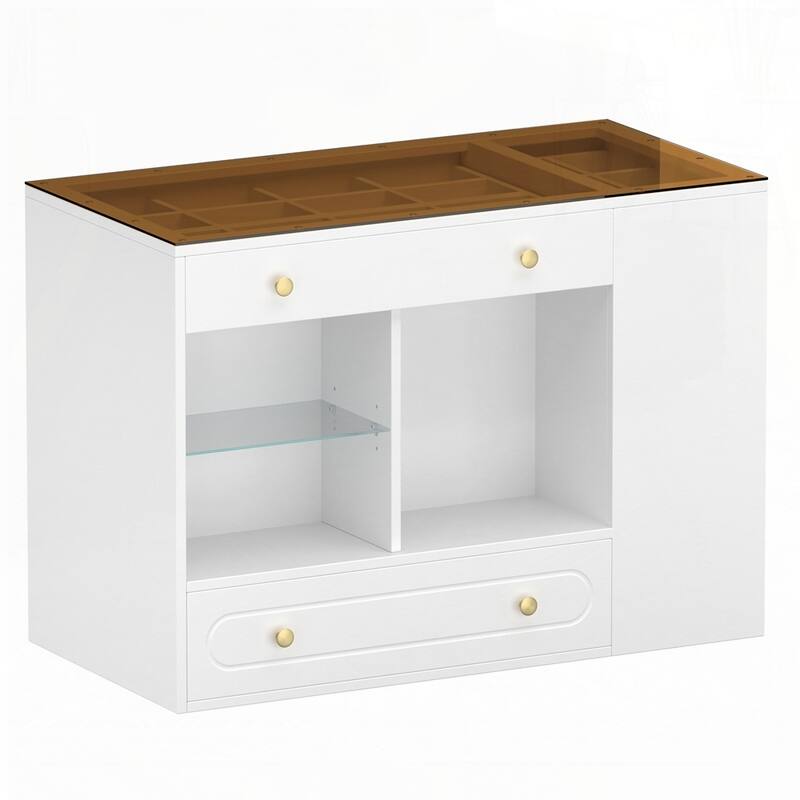 Wardrobe Armoire Bedroom Island with Glass Display Top and Open Shelves