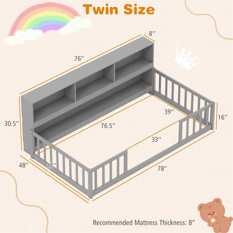 Pine Wood Twin Montessori Floor Bed with Bookshelf and Safety Rails