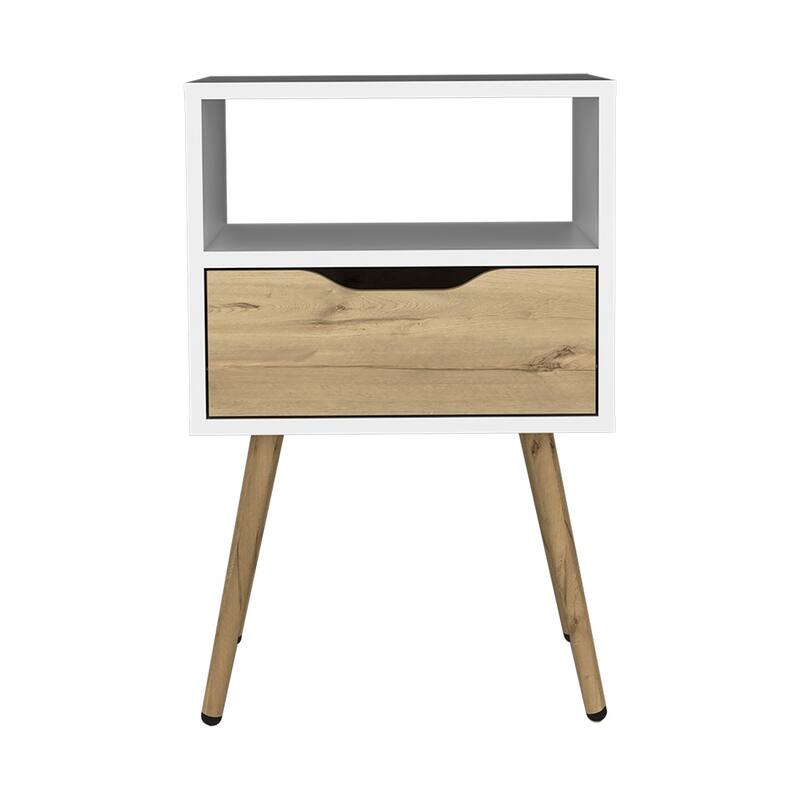 White & Light Oak Nightstand with Open Shelf and Single Drawer