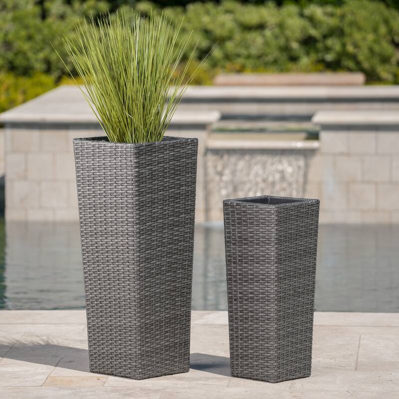 Outdoor Wicker Flower Pots 2-Pcs Set, Square Planter Box