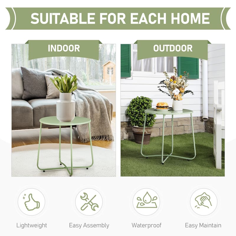 Green Metal Side Table with X-Frame, Adjustable Feet for Indoors/Outdoors - 20.1 x 20.1 x 18.3 in