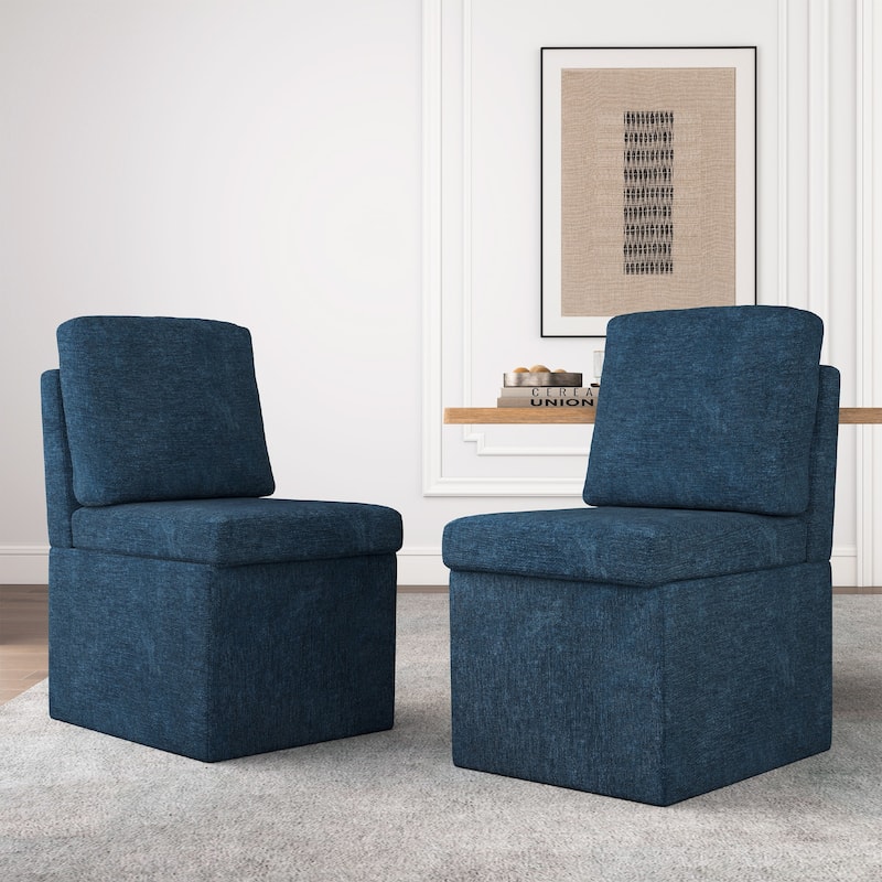 Upholstered Dining Chair with Under Seat Storage- Armless - Set of 2 - Dark Blue