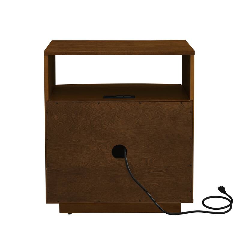 Mid-Century Modern Nightstand with Charging Station,Outlet Hole and 2 Solid Wood Drawers