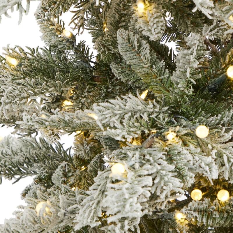7.5ft. Slim Flocked Spruce Artificial Christmas Tree with 450 Warm White LED Lights & 909 Branches - Snowy Holiday X-Mas Glow