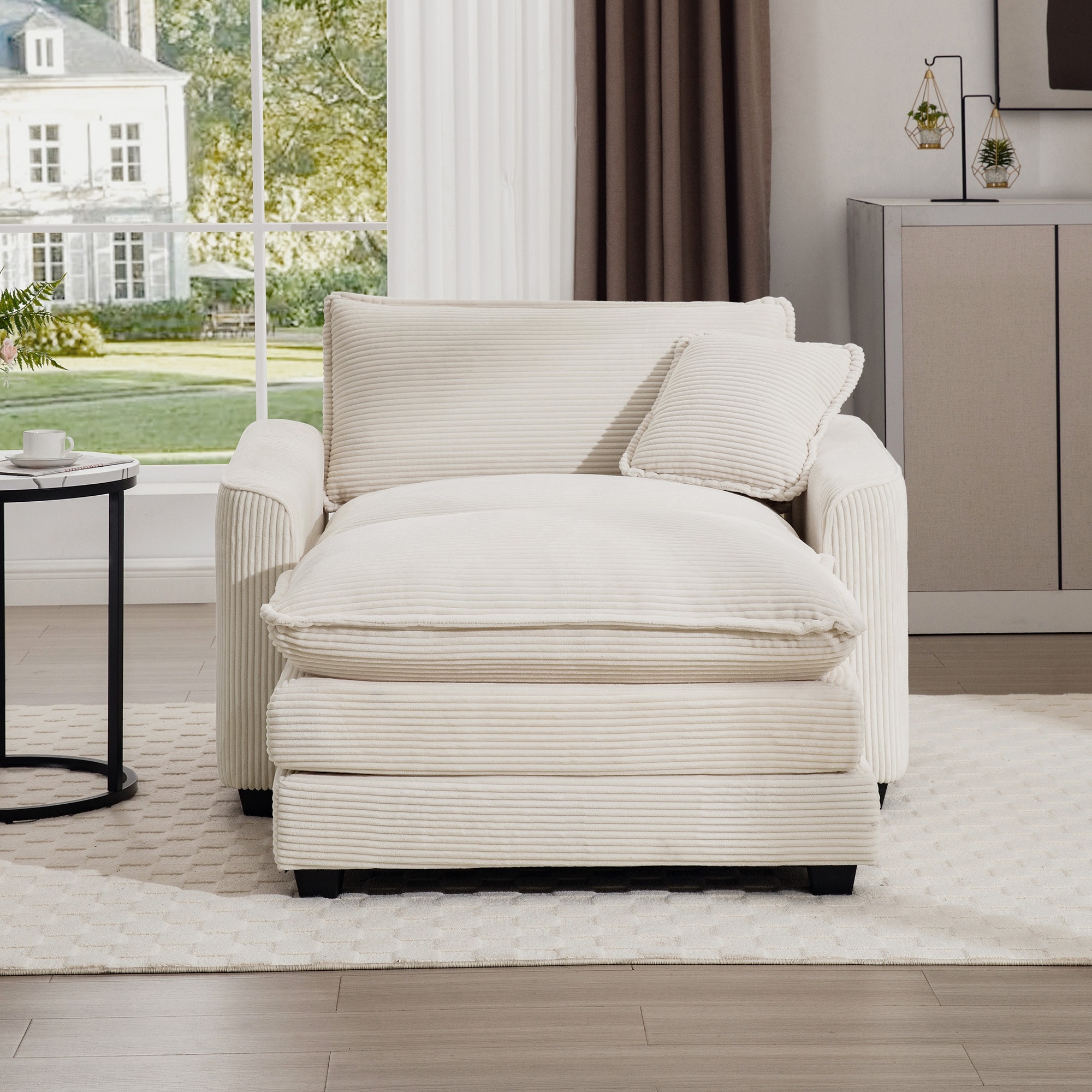 Corduroy Fabric Deep Seat Sofa with Ottoman, Single Deep Seat Accent Sofa Chair with Pillow for Livingroom