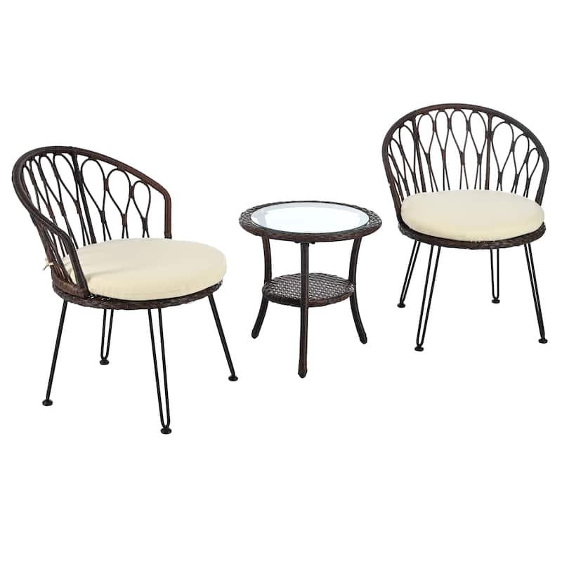 Outdoor Leisure Set, 2 Rattan Single Chairs with 1 Glass Round Table