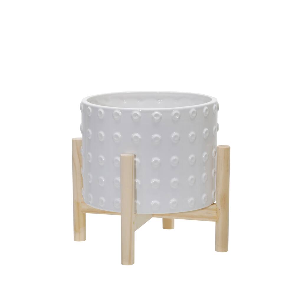 White Handmade Ceramic Planter Pot on Natural Wood Stand