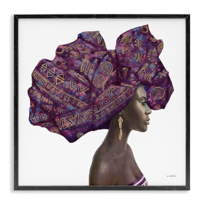 Stupell Female Portrait Strong Headwrap Purple Gold Culture Artwork Framed Wall Art - 24 x 24 - Black
