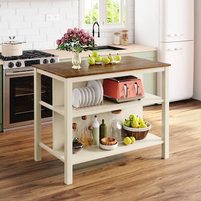 45" Solid Wood Kitchen Island with Rubber Wood Butcher Block & 2 Open Shelves for Kitchen,Dinning Room,Cream