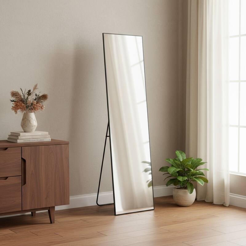HomeRoots 59" Black Metal Freestanding and Wall Mount Framed Full Length Mirror - 16.00 in. x 59.00 in. x 0.50 in. - 16.00 in. x 59.00 in.  x 0.50 in.