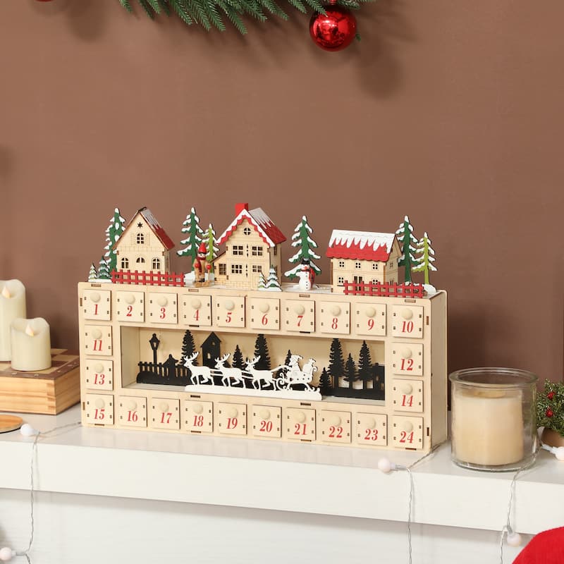 HOMCOM Christmas Advent Calendar with 24 Drawers, Reusable Lighted Wood-Effect Countdown , Battery Operated, Natural Tone