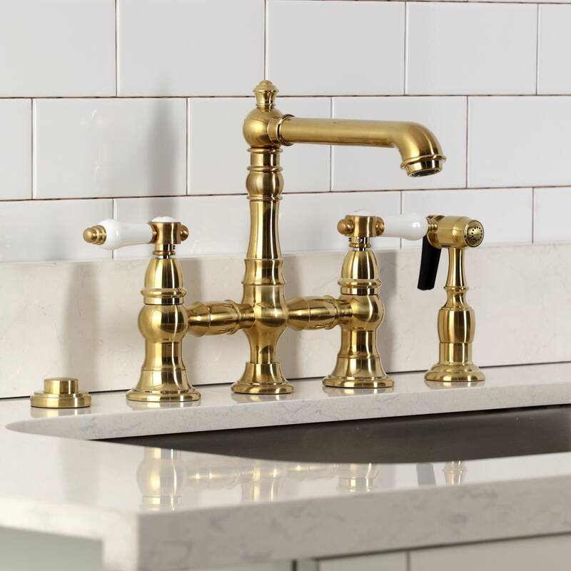 Kingston Brass Bel-Air Two-Handle 4-Hole Deck Mount Bridge Kitchen Faucet with Brass Side Sprayer