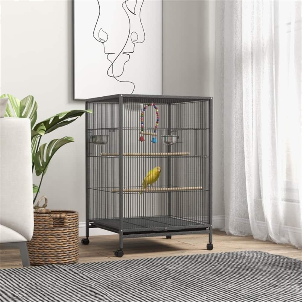 Gray Metal Bird Cage with Sliding Doors Perches Swing and Wheels for Small to Medium Birds - 19" L x 18" W x 29.25" H