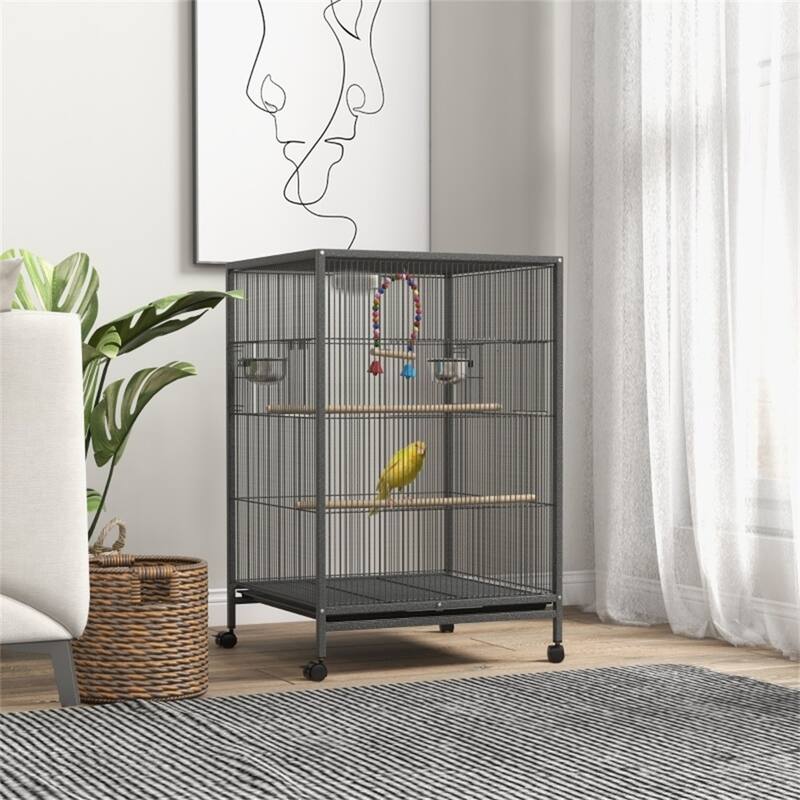 Gray Metal Bird Cage with Sliding Doors Perches Swing and Wheels for Small to Medium Birds - 19" L x 18" W x 29.25" H