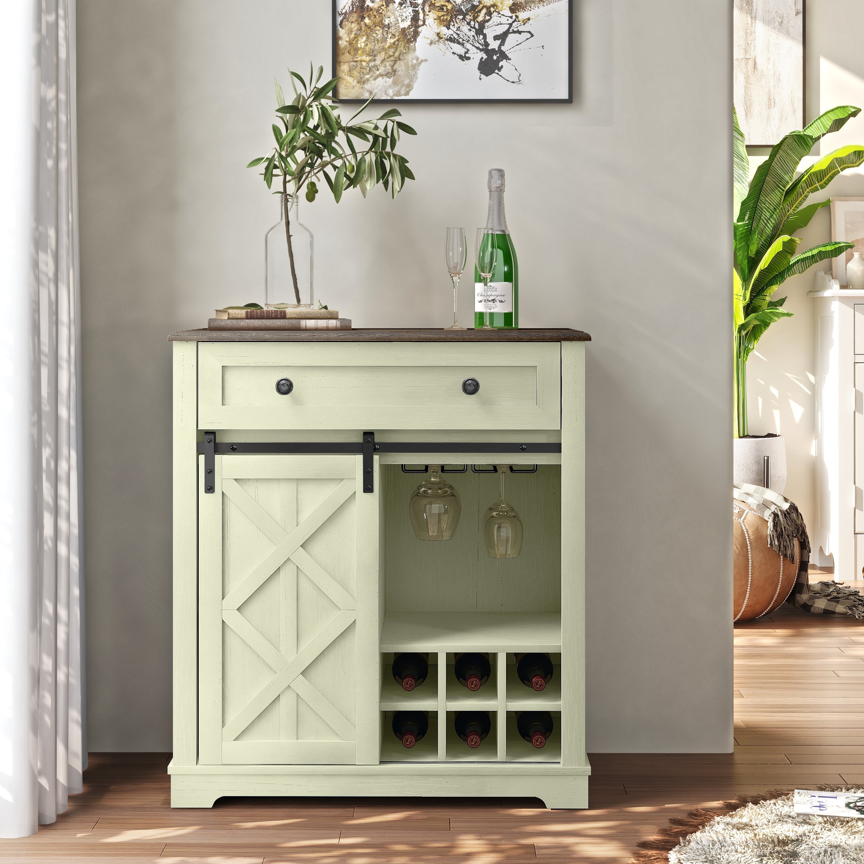 Rustic Chic Wine Cabinet with Glass Holder & Wine Rack - 32" in Width