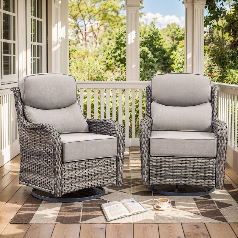 Outdoor Swivel Glider Rattan Chair Set - 2PCS Swivel Chair - Grey Rattan - Beige Cushion