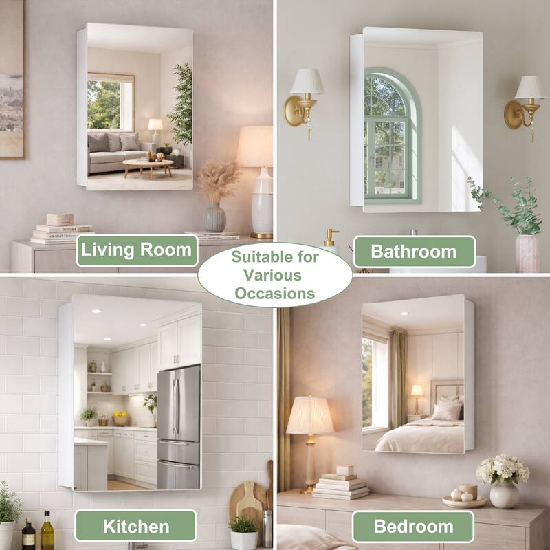 Mira Rectangular Frameless Medicine Cabinet with Mirror, Sliding Adjustable Glass Shelves, Reversible Door