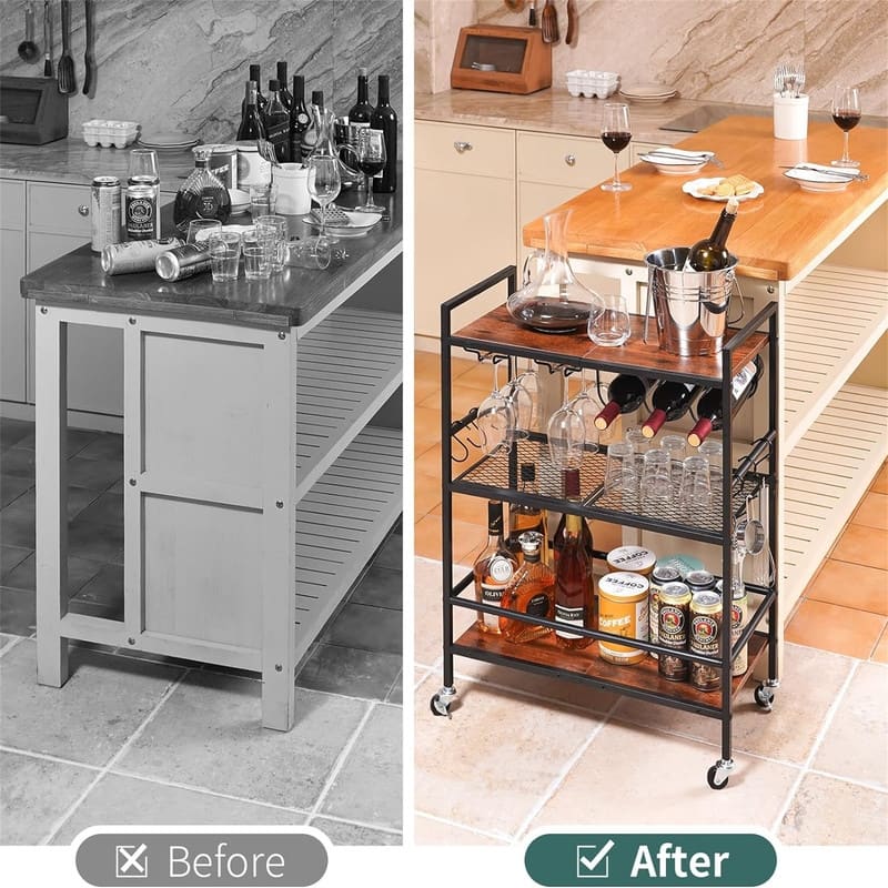 Bar Carts for The Home 3Tier Rolling Kitchen Cart with Wine Rack and Glass Holder - 23.6"D x 11.8"W x 32.5"H
