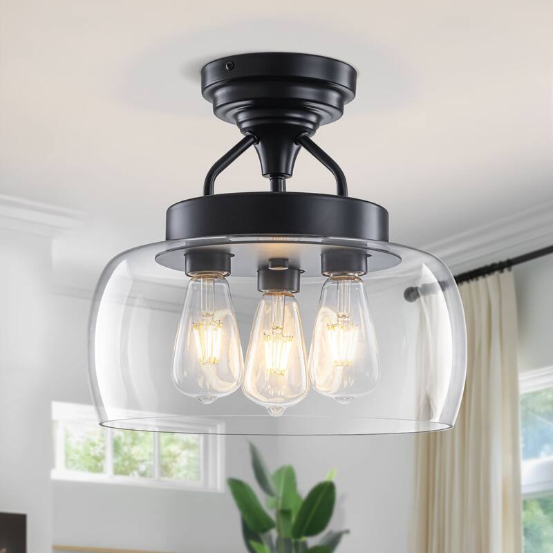 Starsky 3-Light Modern Clear Glass Dome Flush Mount Ceiling Light, Thick One-Piece Drum Shade