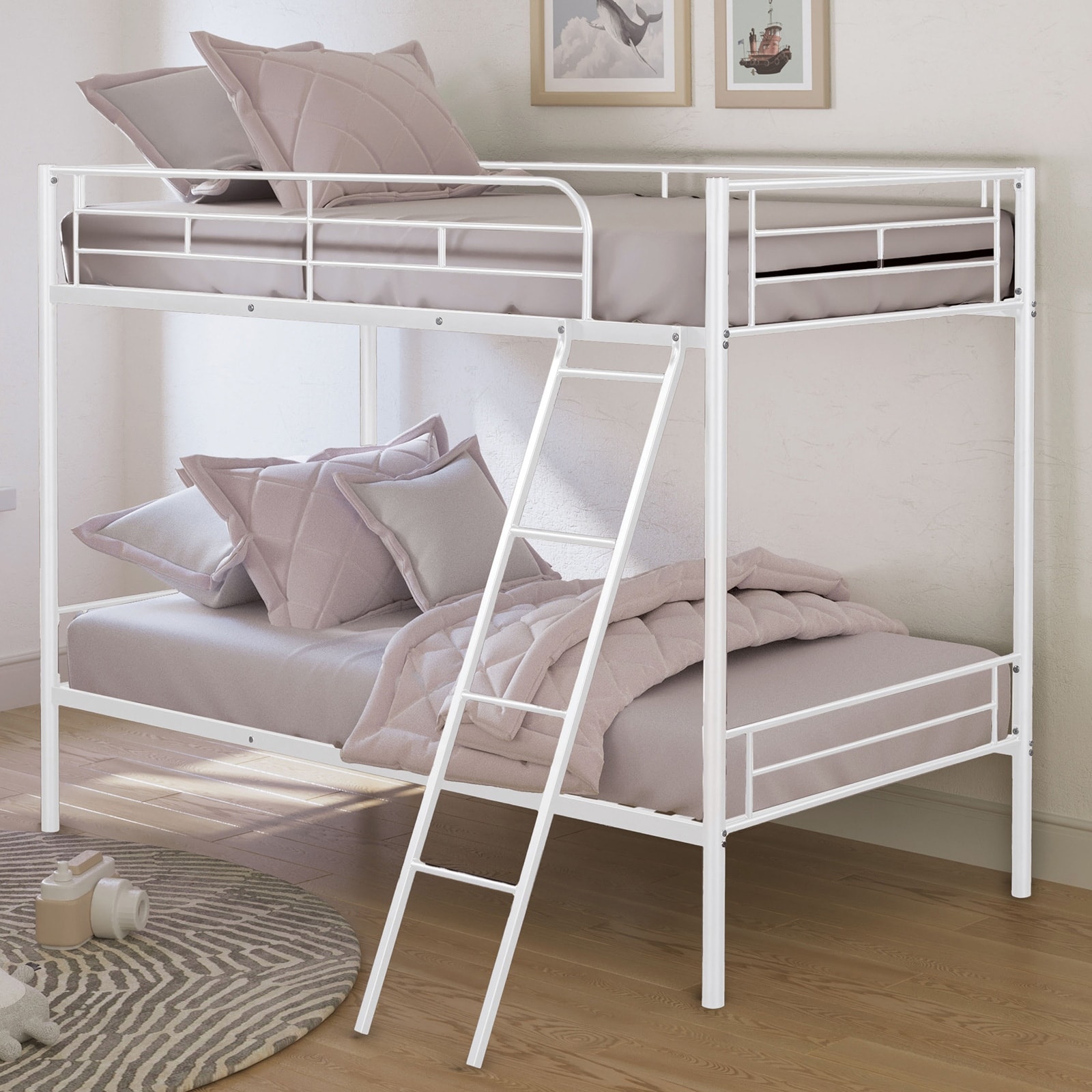 Contemporary Style Twin Over Twin Bunk Bed Footboard Ladder Metal Structure