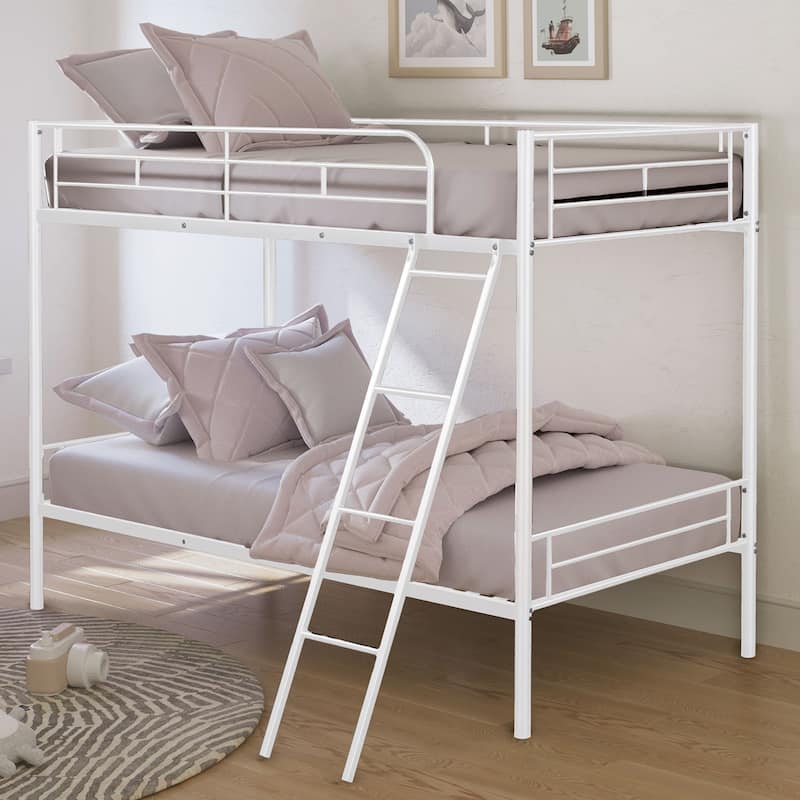 Twin-over-Twin Metal Bunk Bed with Angled Ladder - White