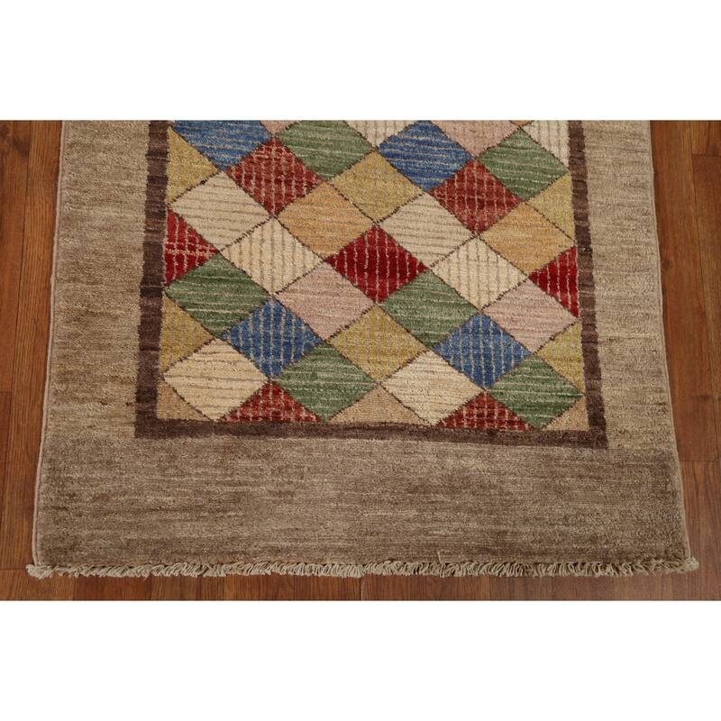 Hand Knotted Oriental 100% Wool Carpet Tribal Geometric Brown Gabbeh (kashkoli) Runner Rug - 10' 9'' X 2' 8''