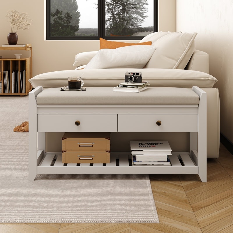 Upholstered Entryway Bench With Storage Drawers And Shoe Rack 39"