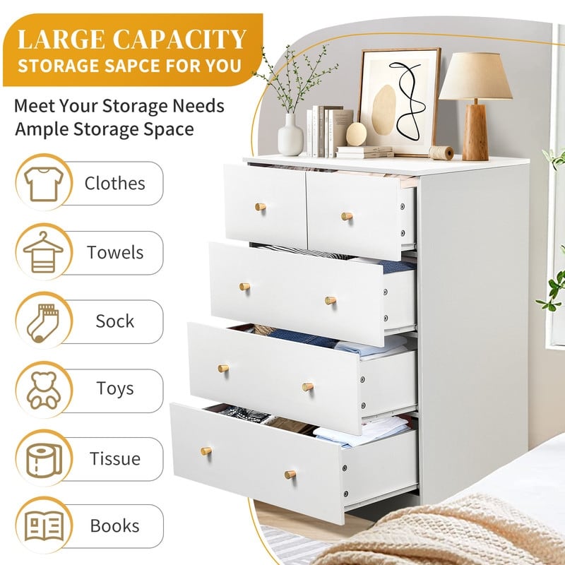 5-Drawer Dresser For Bedroom And Chest Of Drawers With Sturdy Construction Wood Storage Organizer For Closet