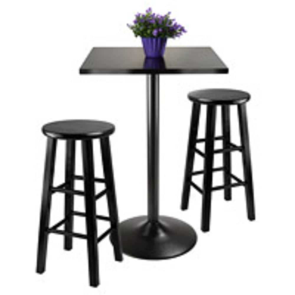 3 Black Dining Set Square Table Top Two Wood Stool 34.50"