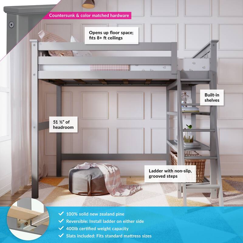 Max and Lily Twin Size High Loft Bed with Bookcase