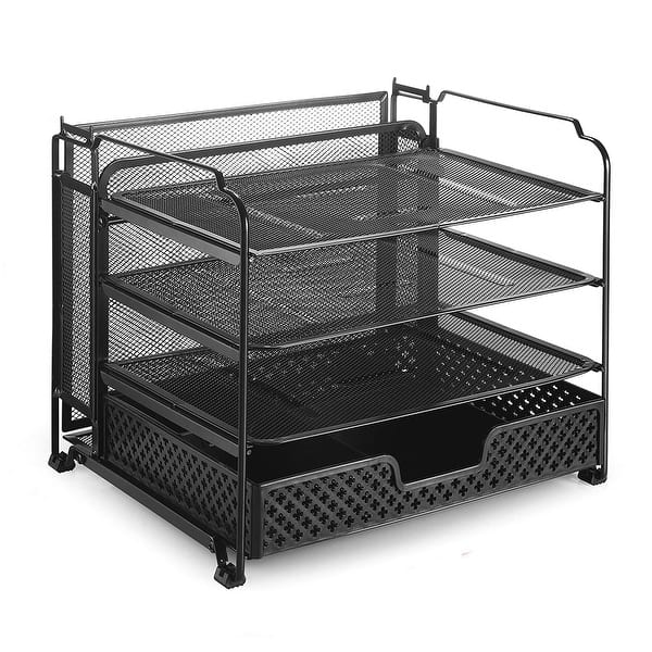 4Trays Desktop File Organizer with Drawer for Home Office, Black Bed