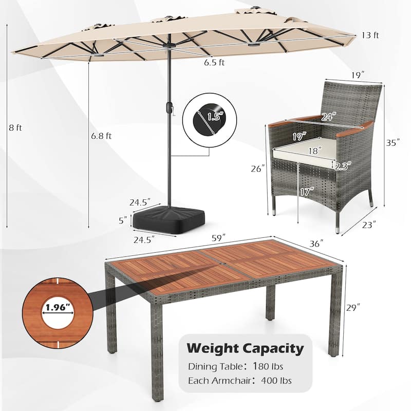 Gymax 8-Piece Patio Dining Set w/ Double-Sided Market Umbrella Acacia