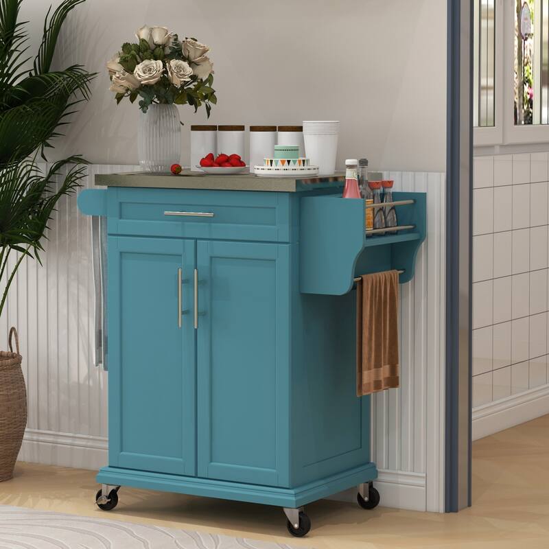 Blue Pine Wood Kitchen Island with Stainless Steel Top and Storage - 33" L x 18" W x 35.75" H - Blue