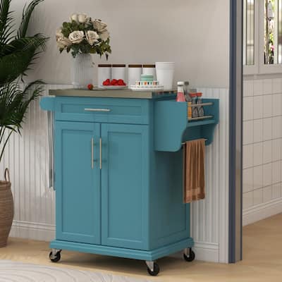 Blue Pine Wood Kitchen Island with Stainless Steel Top and Storage - 33" L x 18" W x 35.75" H