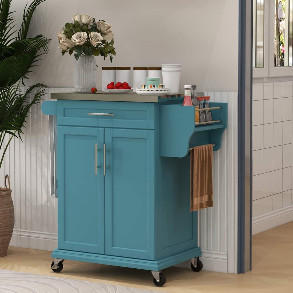 Blue Pine Wood Kitchen Island with Stainless Steel Top and Storage - 33" L x 18" W x 35.75" H