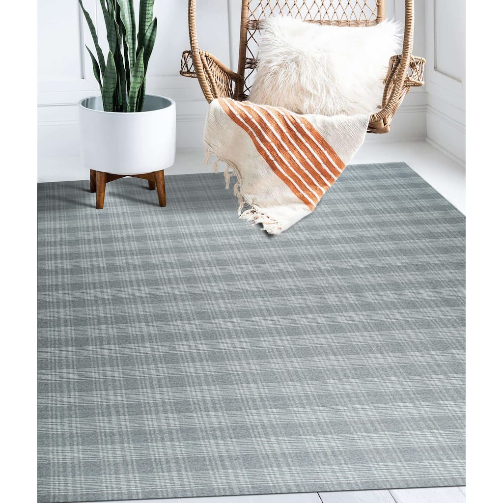 Home Decor Gray Hand-Knotted Wool Reversible Plaid Rug by EORC Stylish and Versatile Area Rug for Adding a Touch of Classic