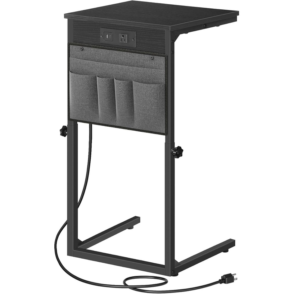 C-Shaped End Table with Charging Station, 30" Adjustable Slide-Under Sofa Table with Storage, Living Room & Bedroom Use