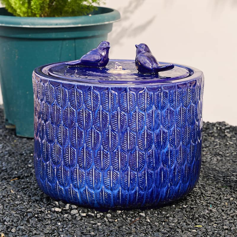Glitzhome 15"H LED Ceramic Birdbath Outdoor Fountain with Two Birds & Leaf Pattern - Blue