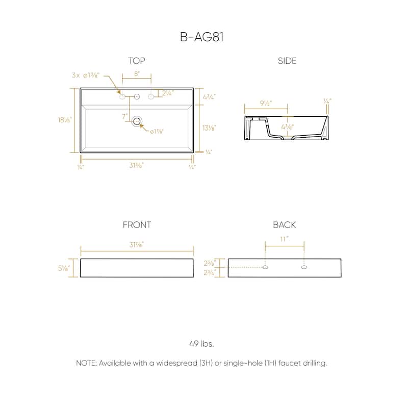 Rectangular Wall Mount Basin with Faucet Drilling Options and Overflow